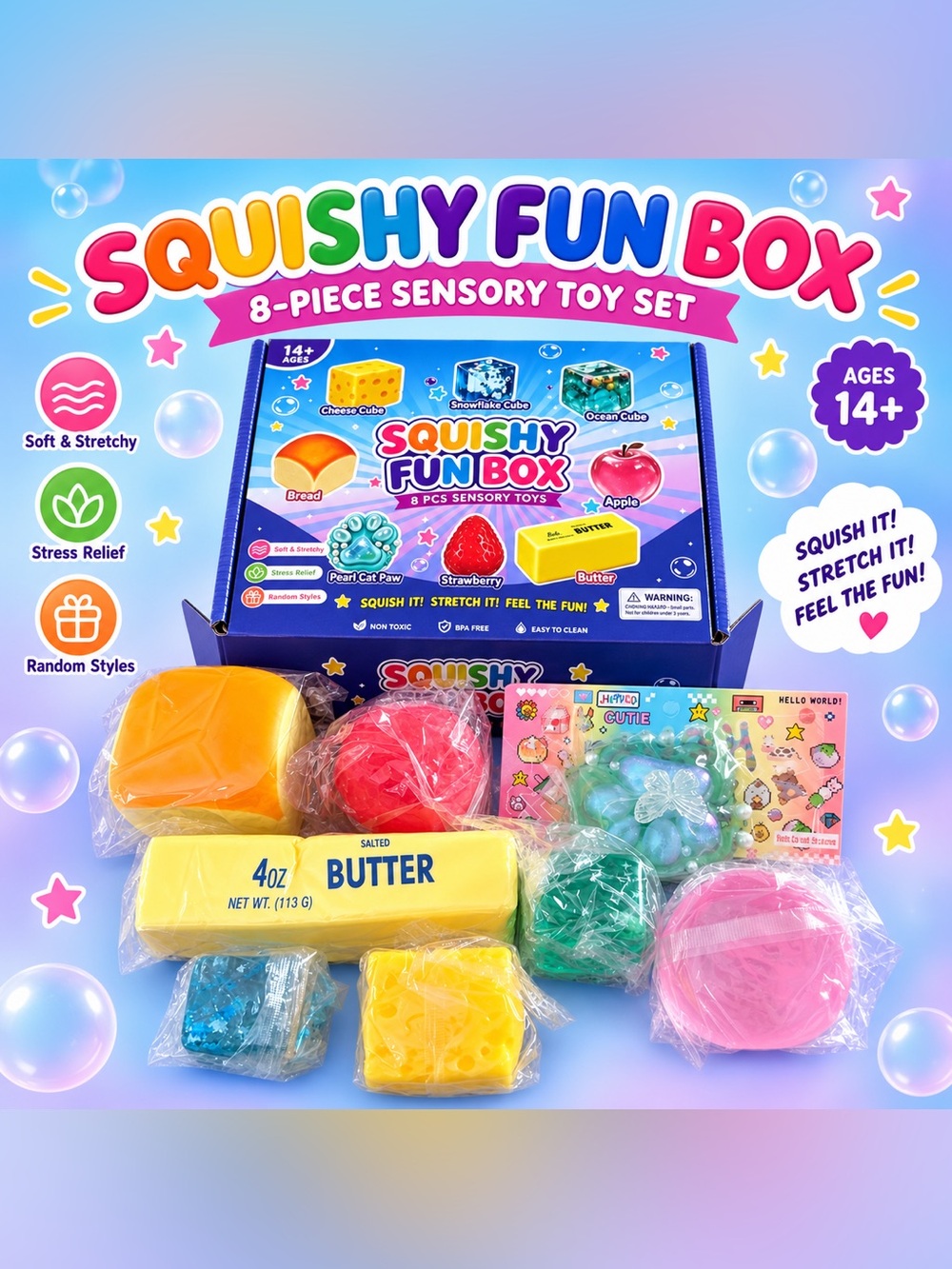 Squishy Fun Box – 8-Piece Sensory Toy Set – Ages 14+